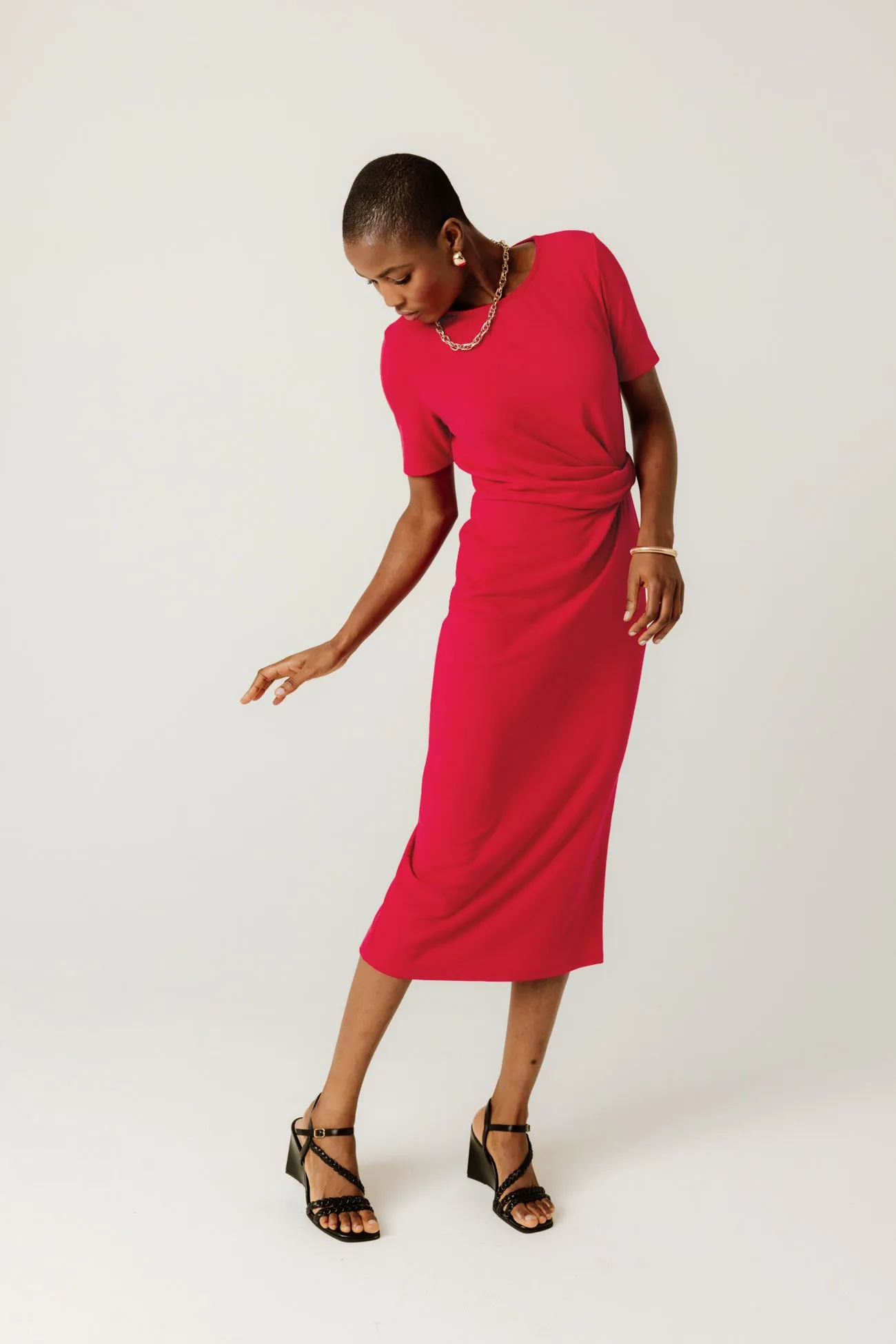 Robe drapée midi unie Femme - Rouge