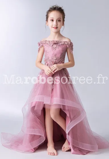 Robe enfant asymétrique avec traine réf: EF902T en Coton, Dentelle