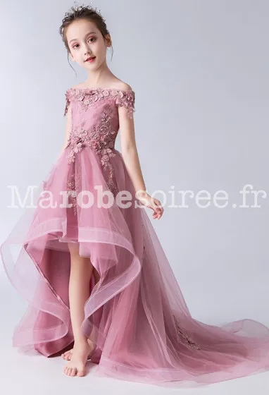 Robe enfant asymétrique avec traine réf: EF902T en Coton, Dentelle