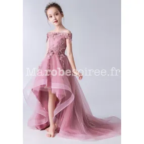 Robe enfant asymétrique avec traine réf: EF902T en Coton, Dentelle