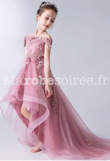 Robe enfant asymétrique avec traine réf: EF902T en Coton, Dentelle