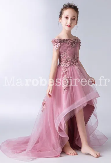 Robe enfant asymétrique avec traine réf: EF902T en Coton, Dentelle