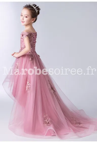 Robe enfant asymétrique avec traine réf: EF902T en Coton, Dentelle