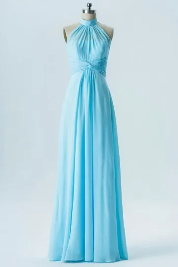 Robe longue de soirée turquoise col américain montant taille plissée - Robedesoireelongue.fr