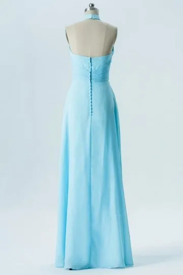 Robe longue de soirée turquoise col américain montant taille plissée - Robedesoireelongue.fr