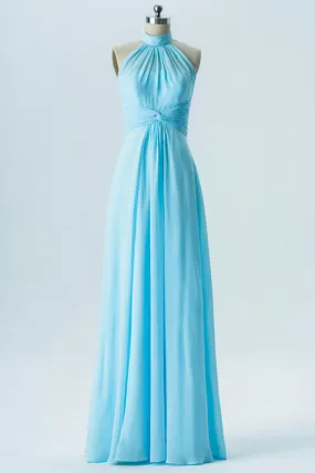 Robe longue de soirée turquoise col américain montant taille plissée - Robedesoireelongue.fr