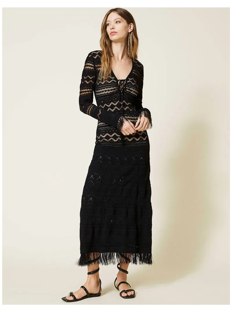 Robe longue en point de dentelle avec franges Twinset noire