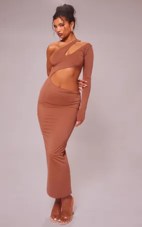 Robe longue moulante café au lait asymétrique découpée