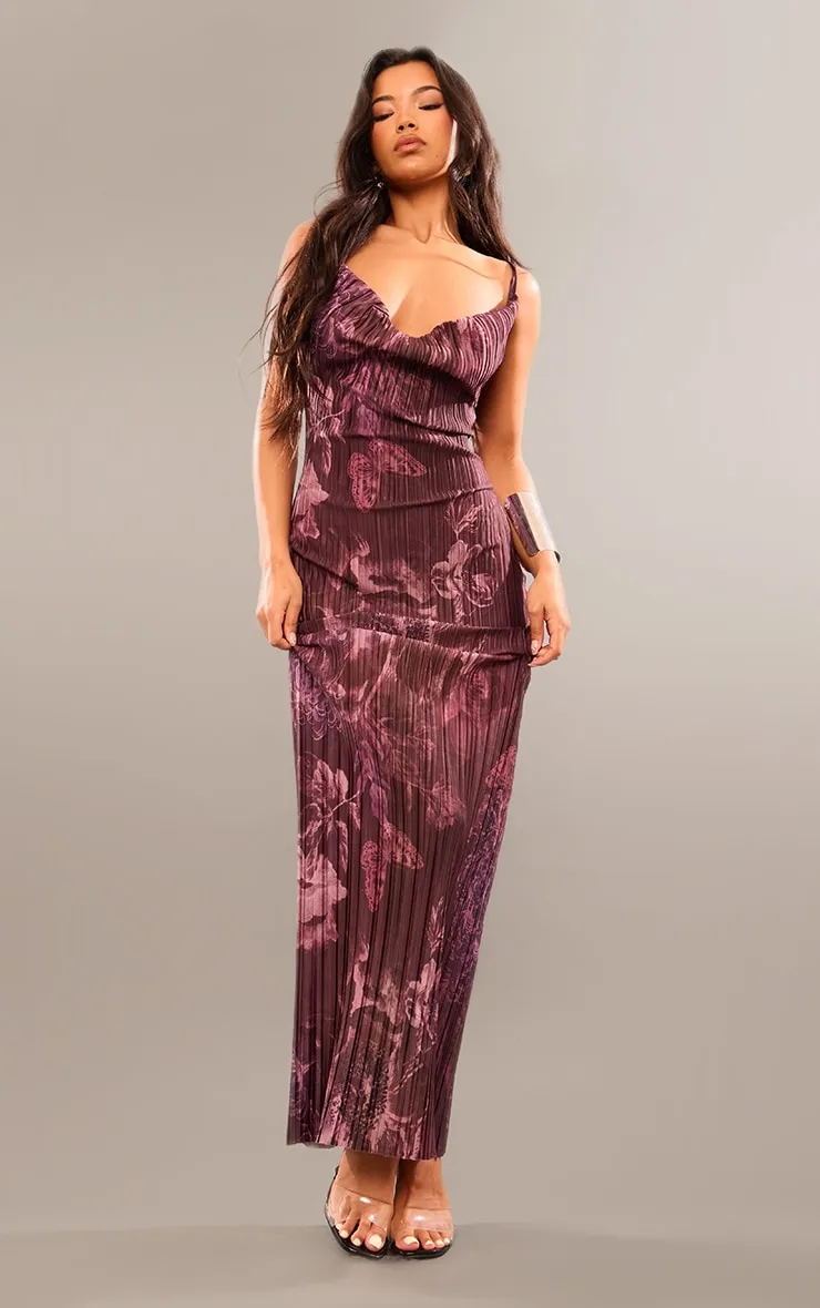 Robe longue plissée à imprimé fleuri marron et bretelles