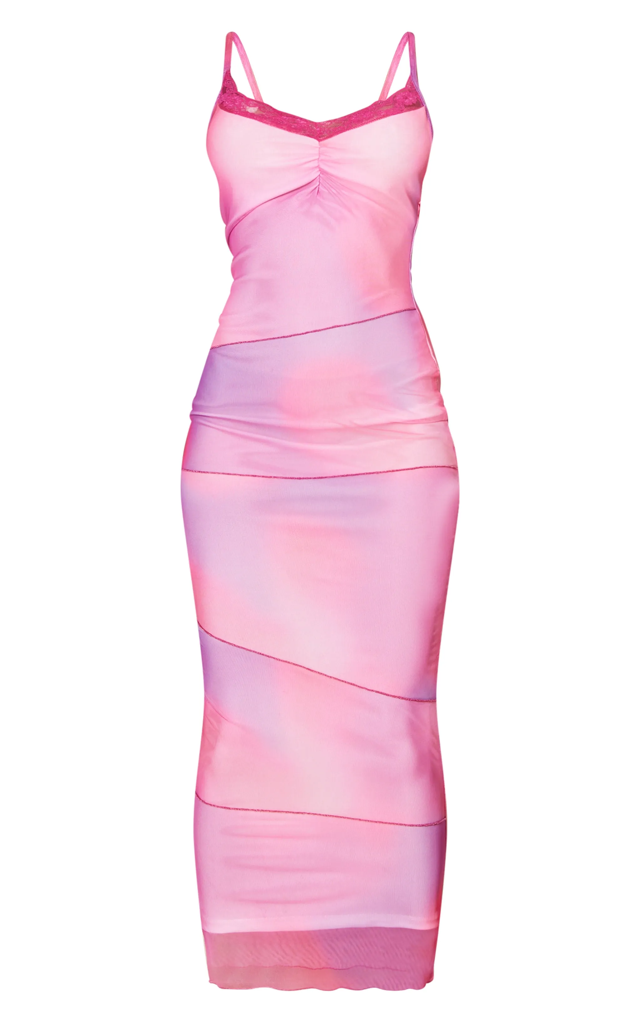 Robe longue rose ombrée en mesh froncée à ourlet en dentelle