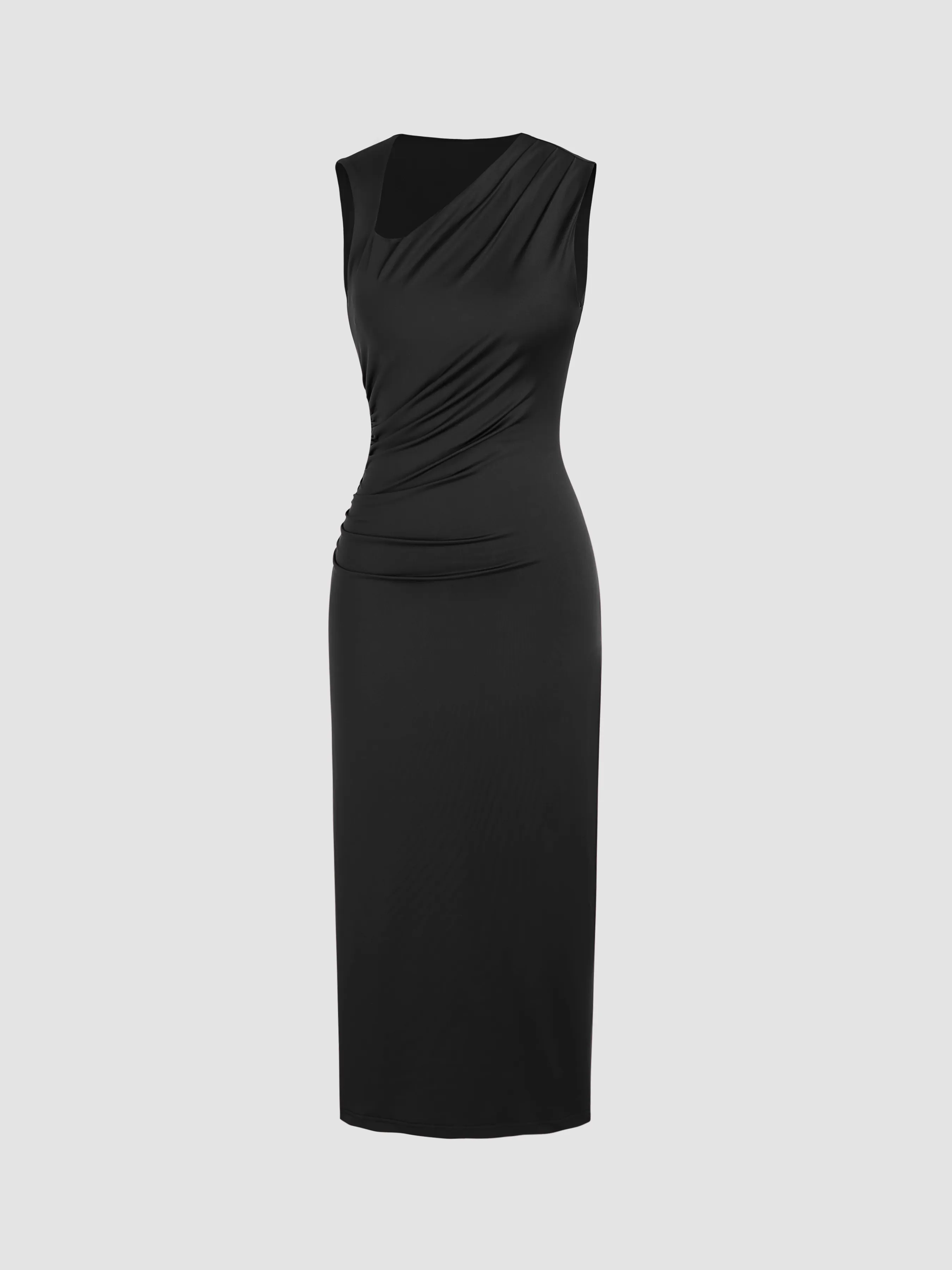  Robe Longue à Col Asymétrique et Ruchée Unie