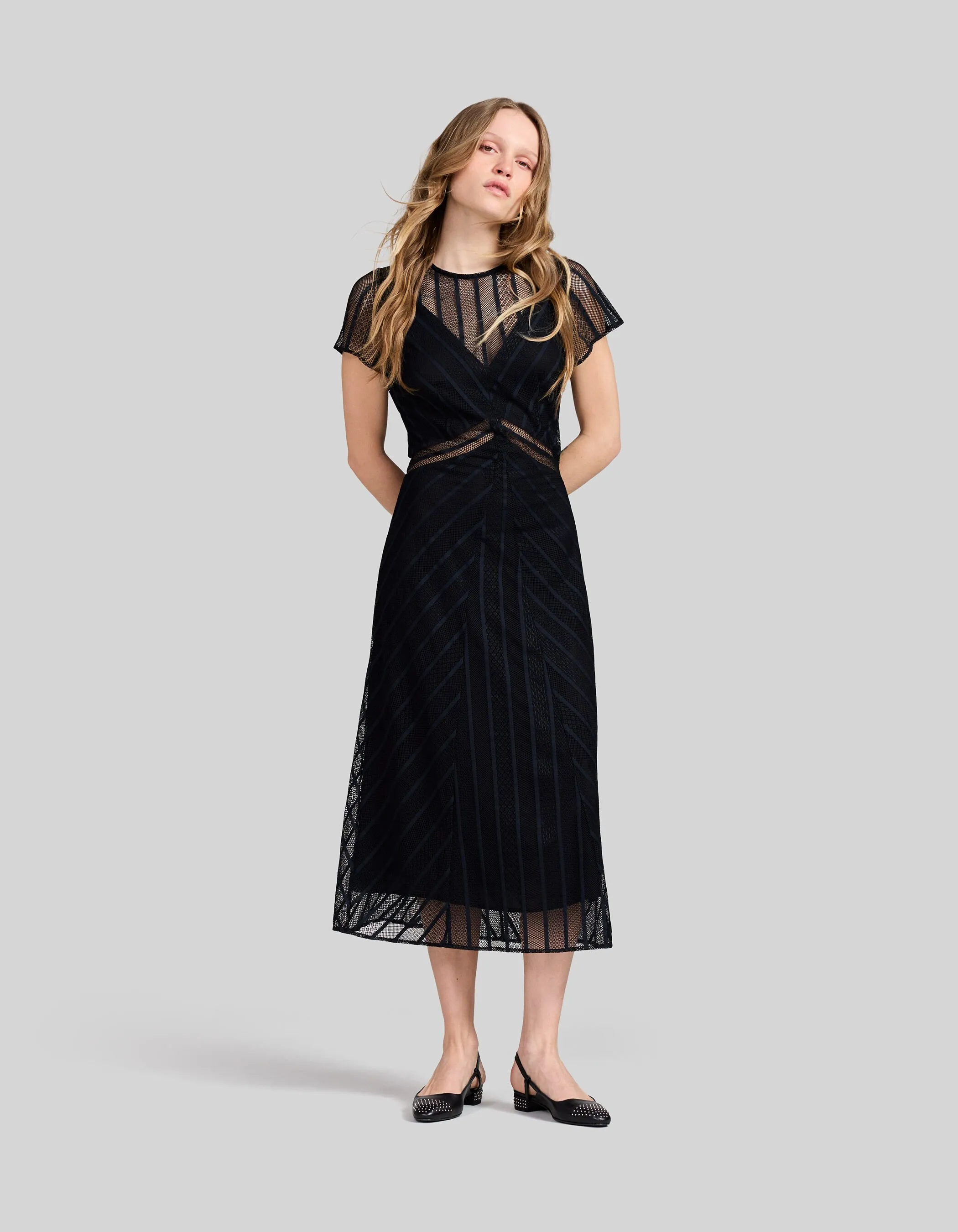 Robe midi noire en dentelle Femme