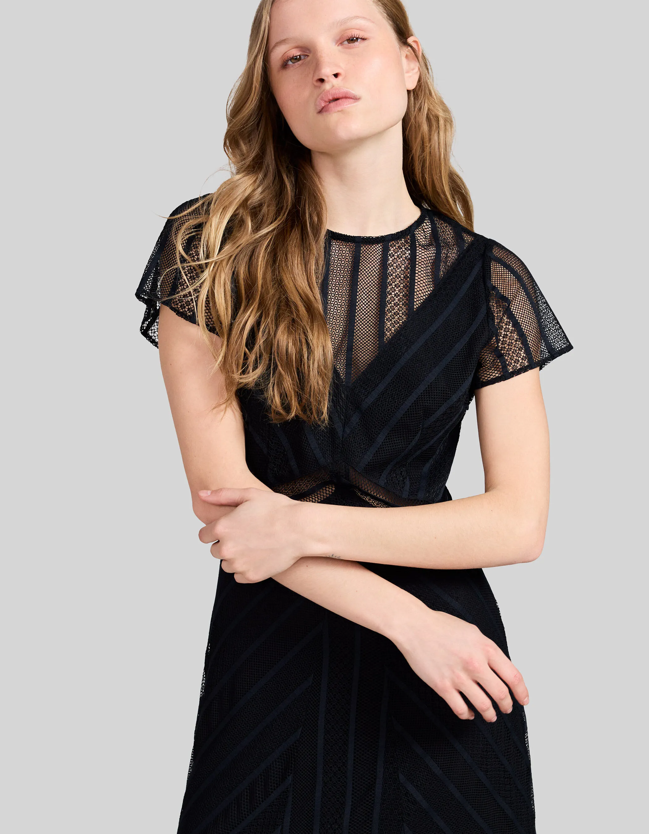 Robe midi noire en dentelle Femme