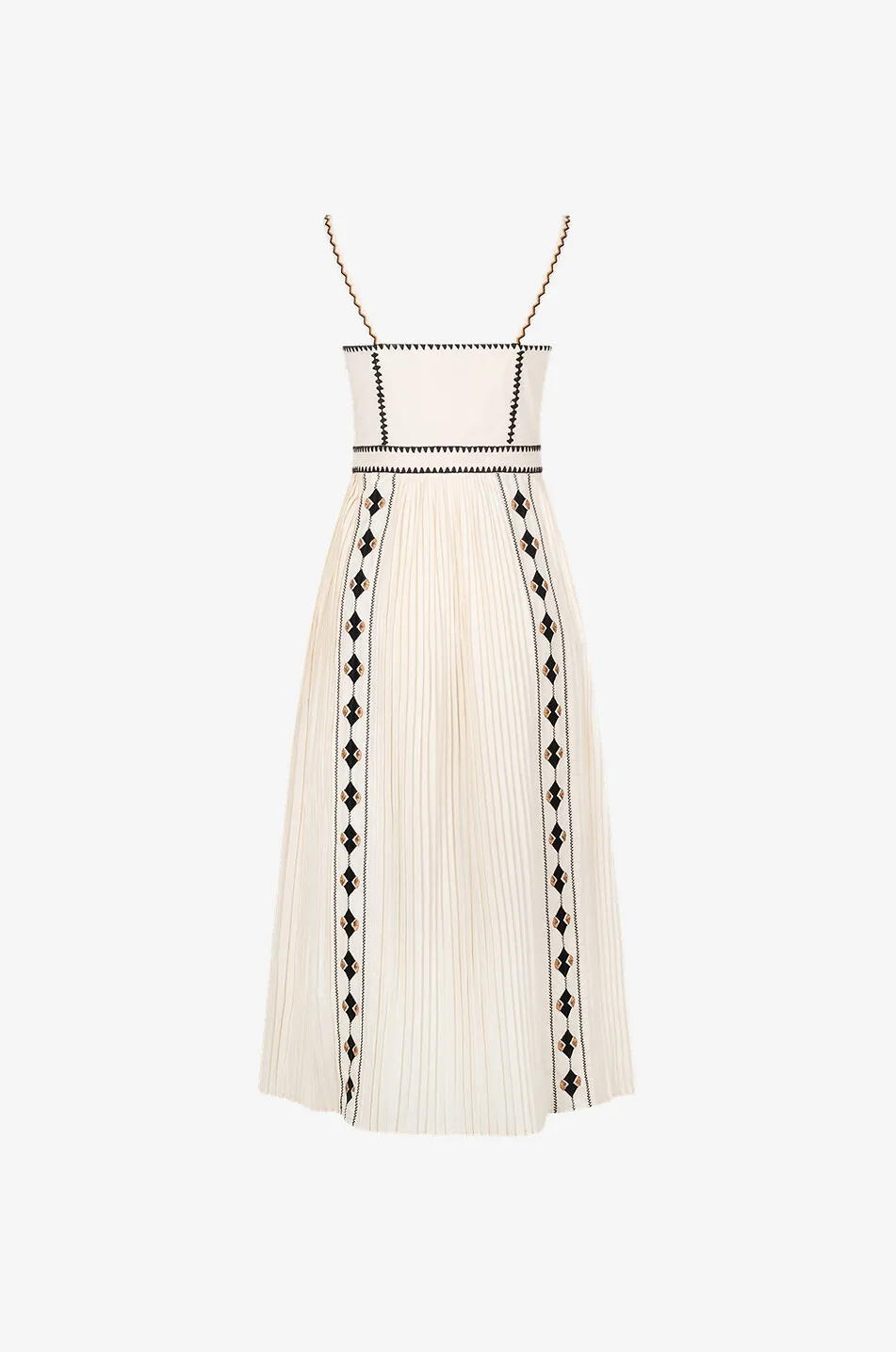 Robe midi plissée et brodée en coton à bretelles Elin Ivory