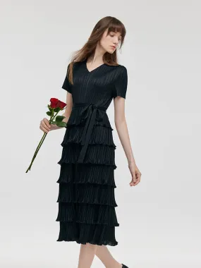 Robe midi plissée à plusieurs niveaux pour femmes avec ceinture