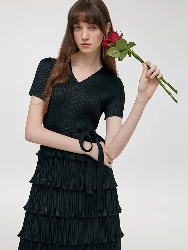 Robe midi plissée à plusieurs niveaux pour femmes avec ceinture
