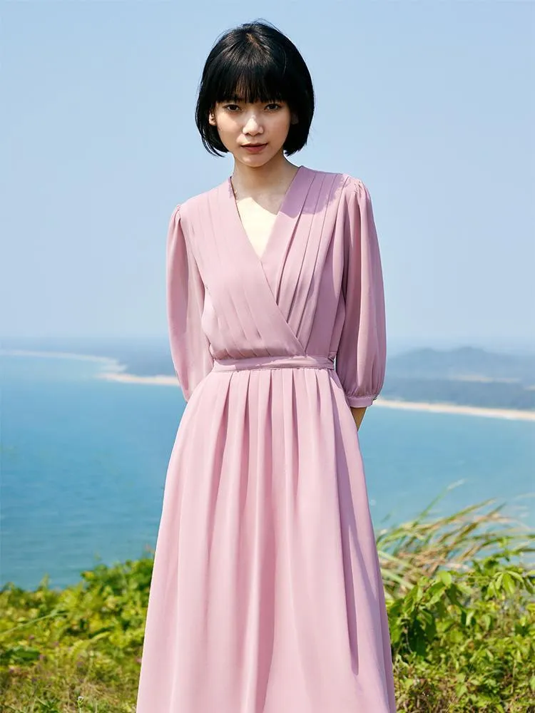 Robe midi portefeuille plissée à lacets et col en V