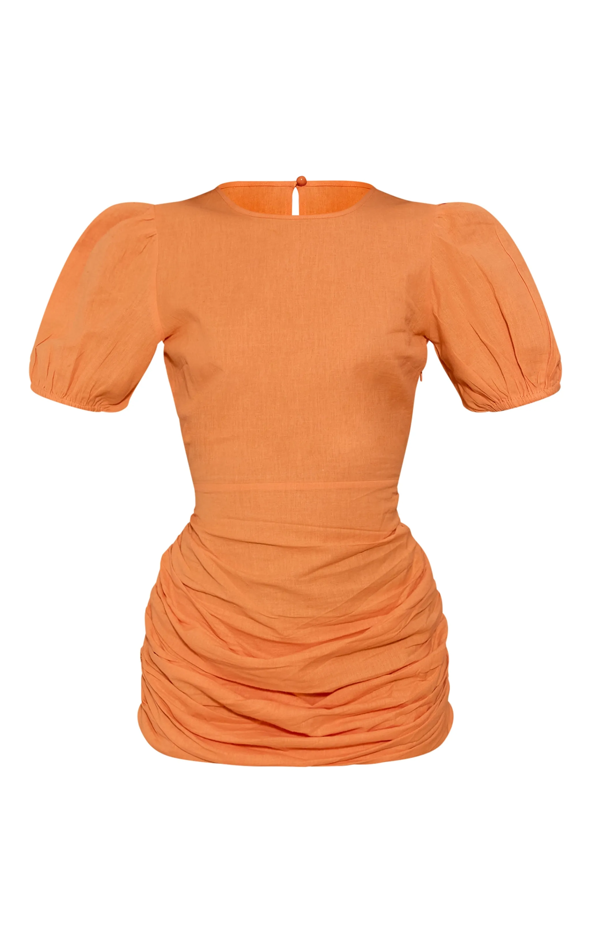 Robe moulante effet lin orange à col rond et jupe froncée