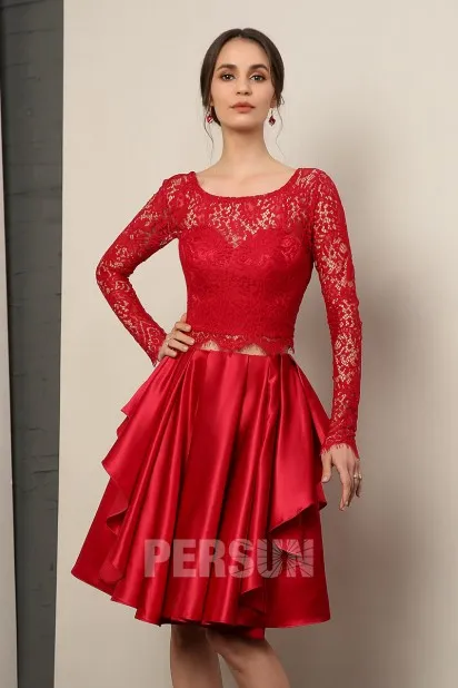 Robe pour mariage courte rouge deux pièces en dentelle