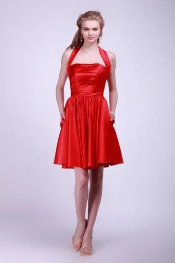 Robe sexy en rouge courte à col halter plissée ligne A