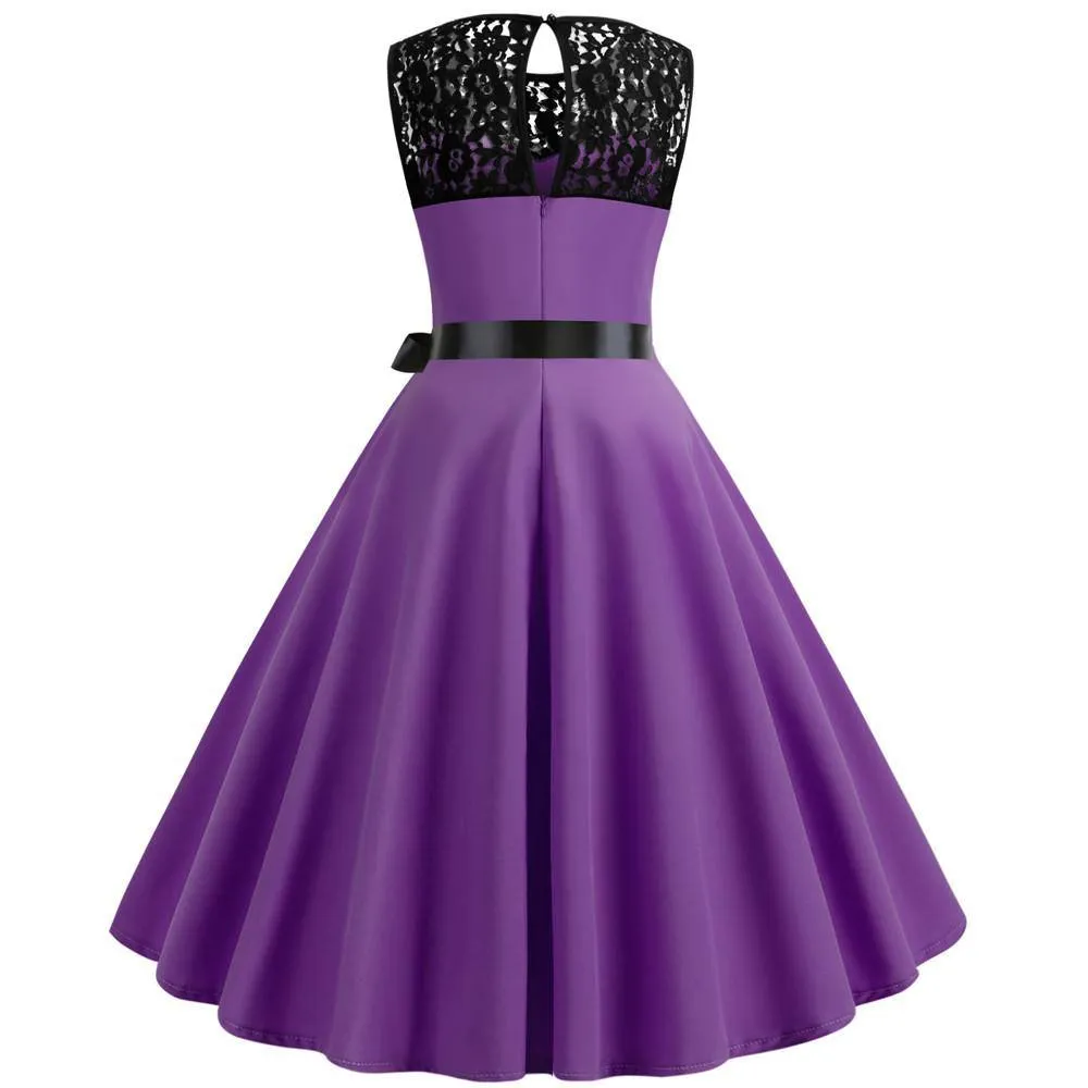 Robe Vintage Violette à Col en Dentelle  50's