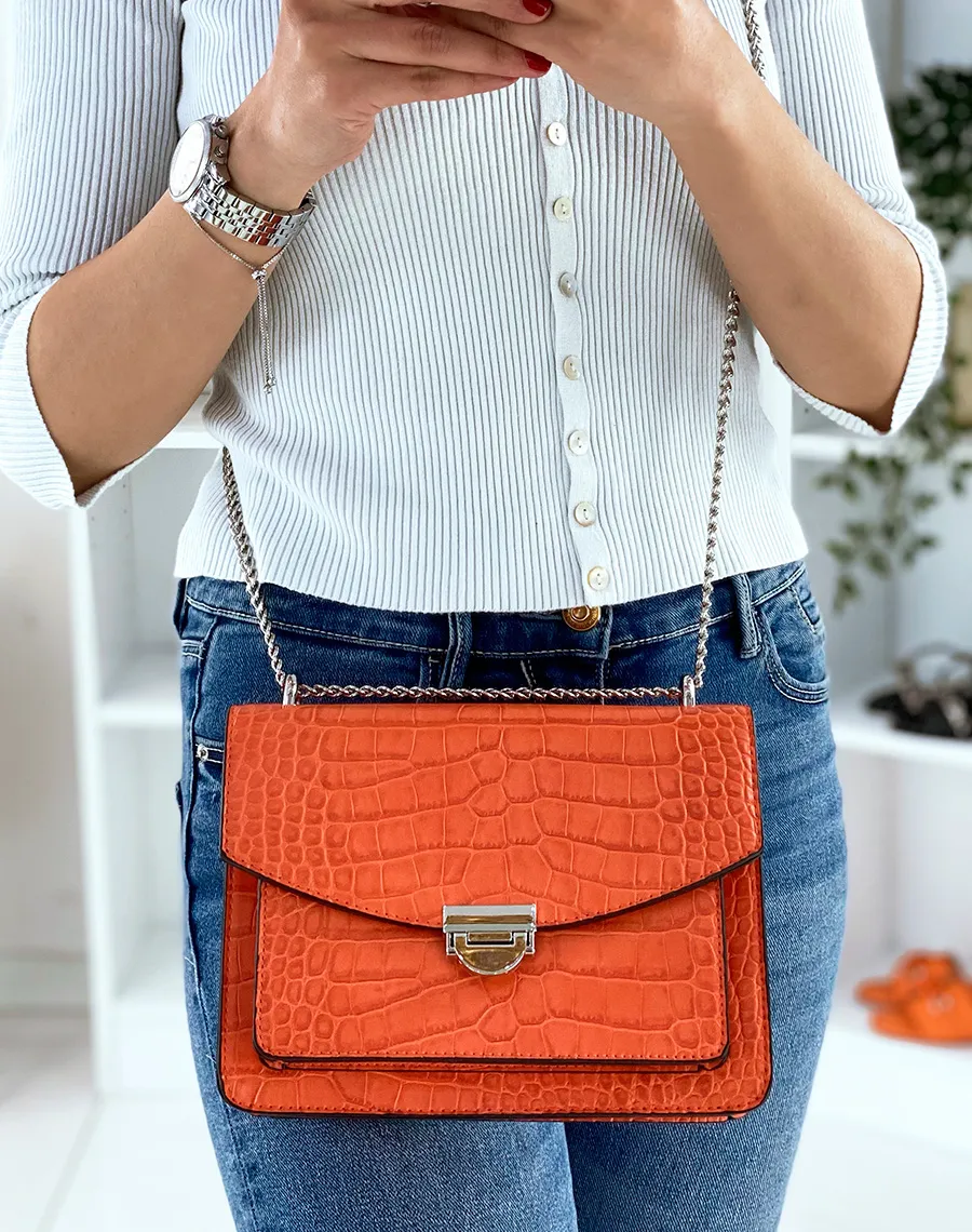 Sac orange effet croco à bandoulière en chaine argentée