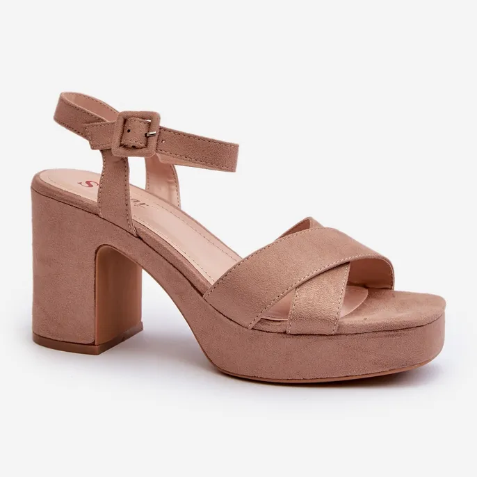 Sandales pour femmes en suède écologique sur talon haut et plateforme, beige foncé Sakane