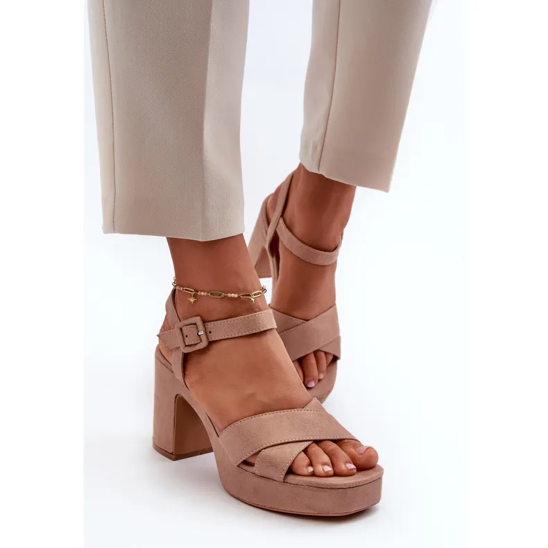 Sandales pour femmes en suède écologique sur talon haut et plateforme, beige foncé Sakane