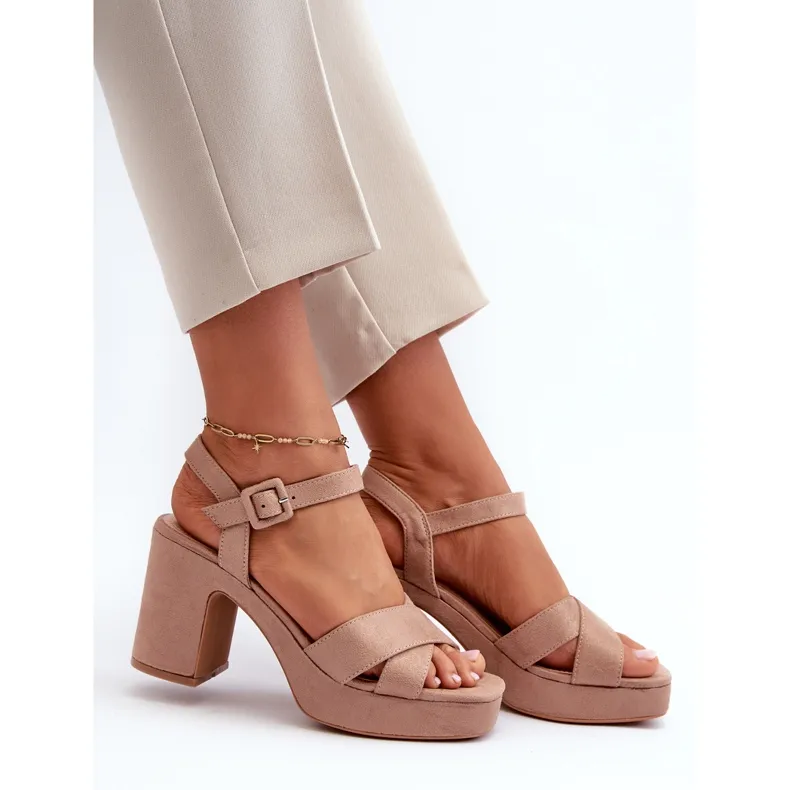 Sandales pour femmes en suède écologique sur talon haut et plateforme, beige foncé Sakane