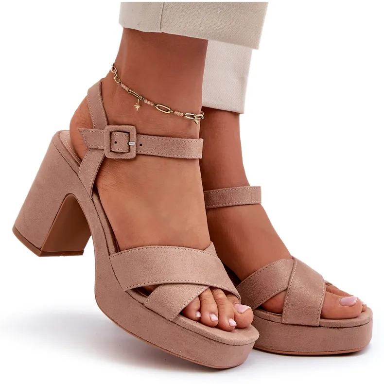 Sandales pour femmes en suède écologique sur talon haut et plateforme, beige foncé Sakane