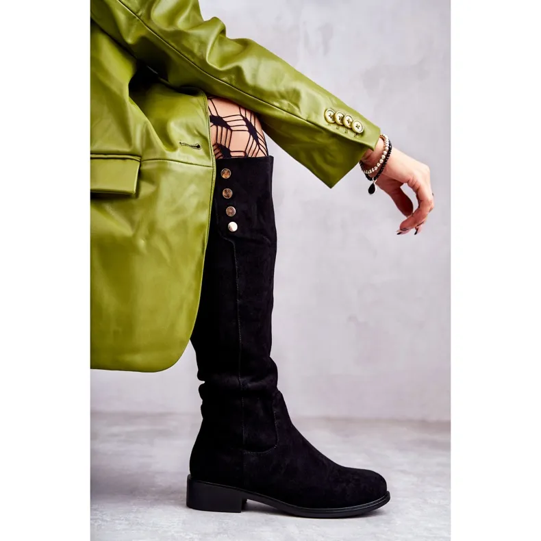 S.Barski Bottes noires à talons plats en suède Laura le noir