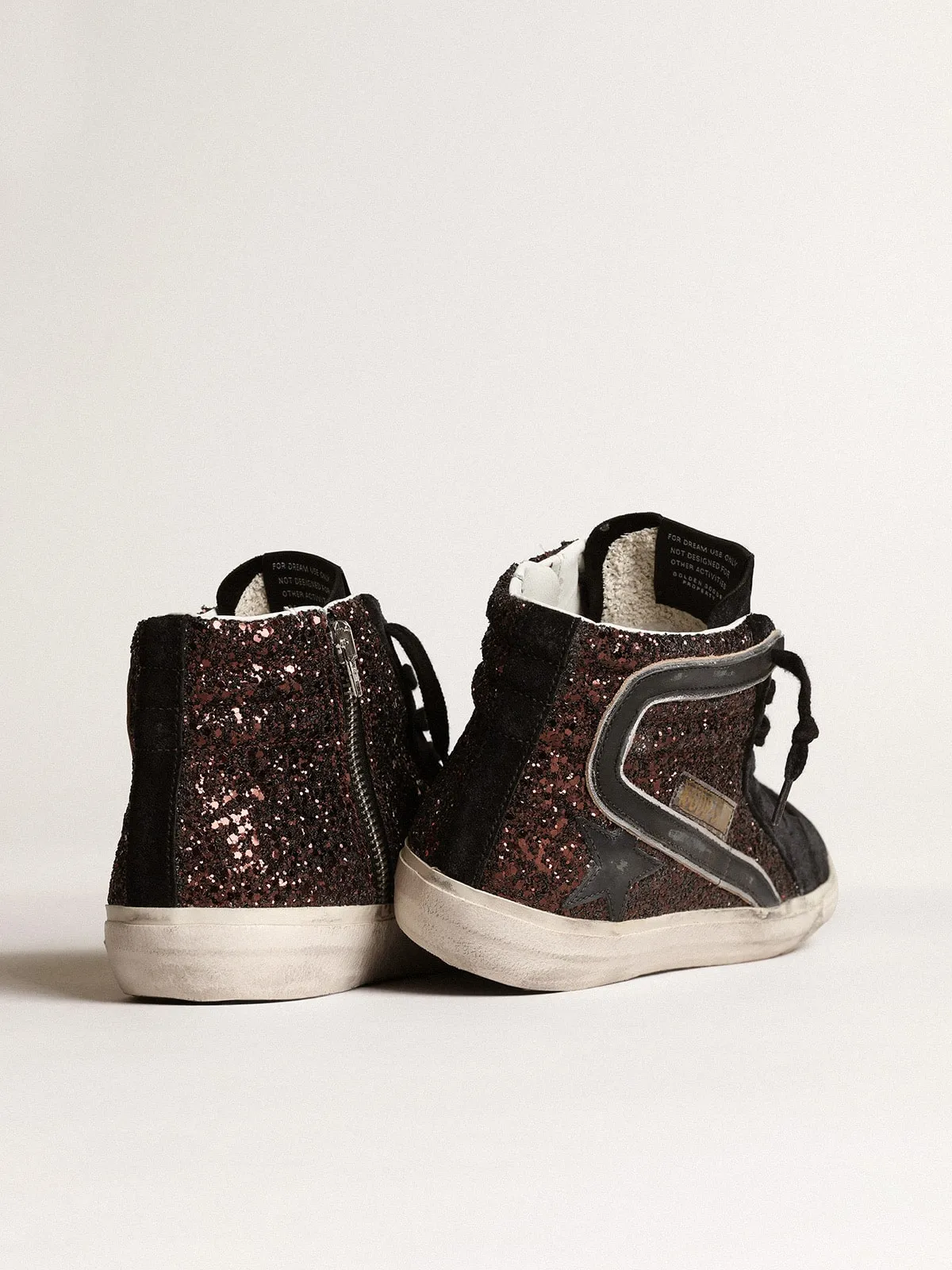 Slide à paillettes marron avec étoile et virgule en cuir noir | Golden Goose