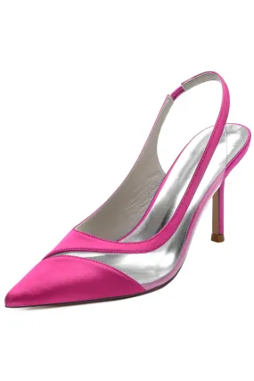 Slingback fuchsia pour soirée à bout pointu talon aiguille avec jeu de transparence asymétrique