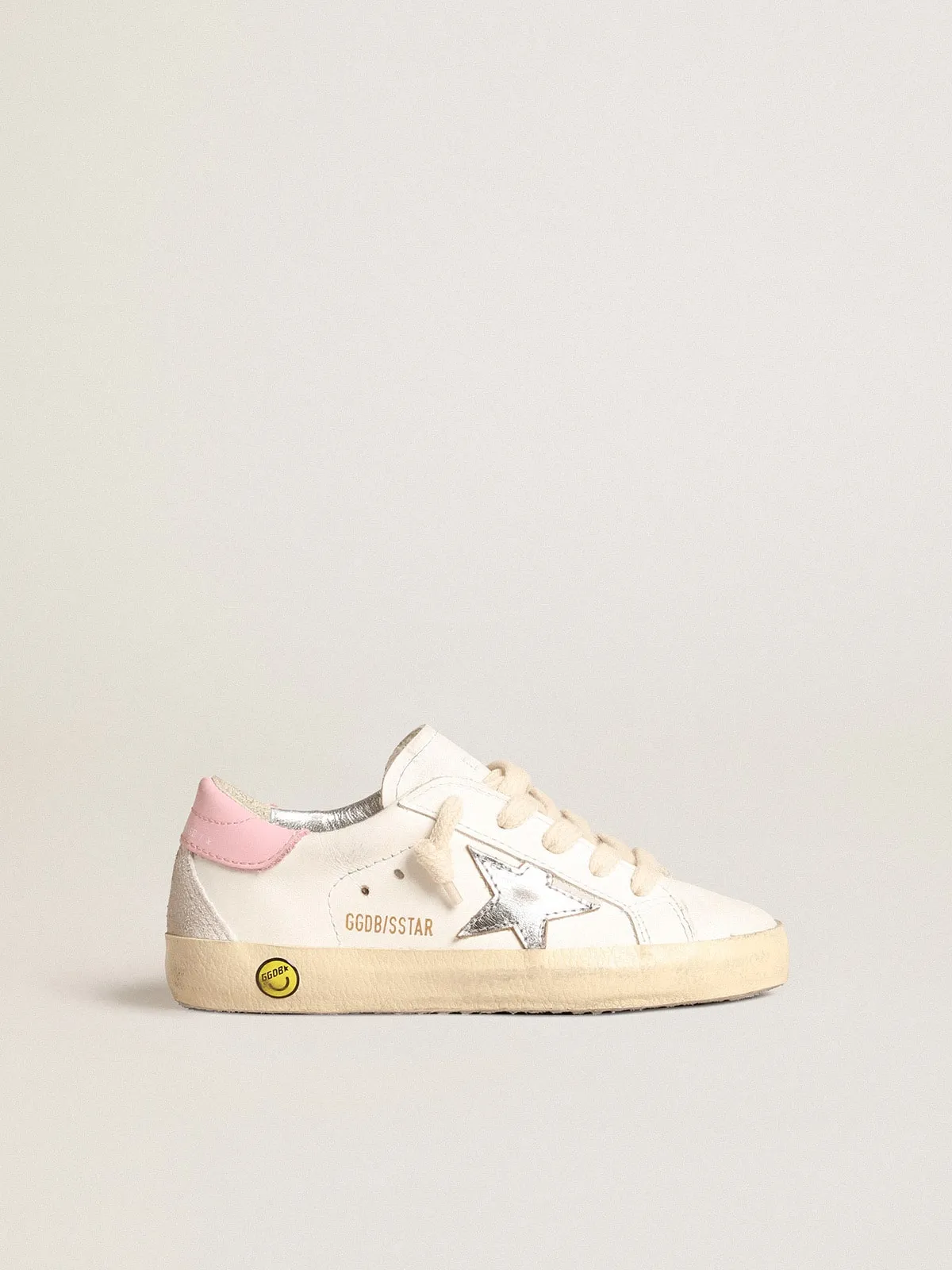 Super-Star Young avec étoile en cuir argenté et contrefort rose | Golden Goose