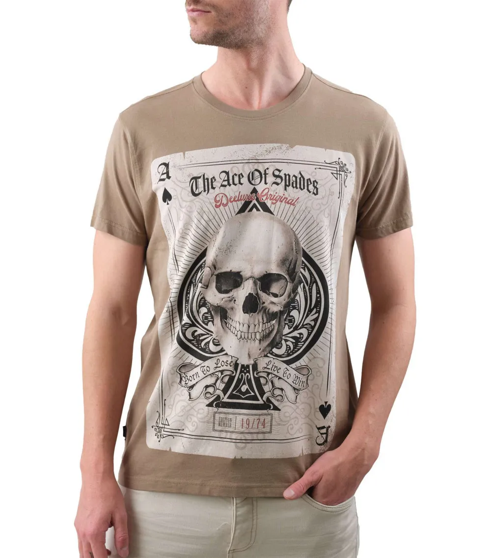 T-shirt Deeluxe en coton avec manches courtes et col rond  taupe imprimé crâne