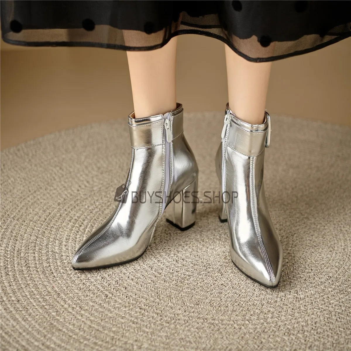 Talon Epais Bottines Bout Pointu Femme Talon Carré À Boucle Couleurs Métalliques Classique A Talon