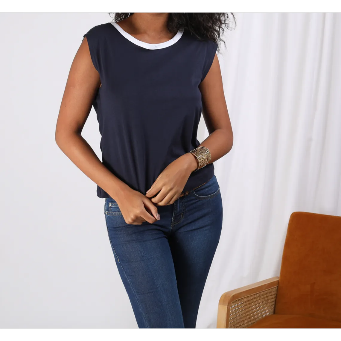 Tee-shirt manches courtes dos drapé femme - Bleu Marine en coton | 3 Suisses