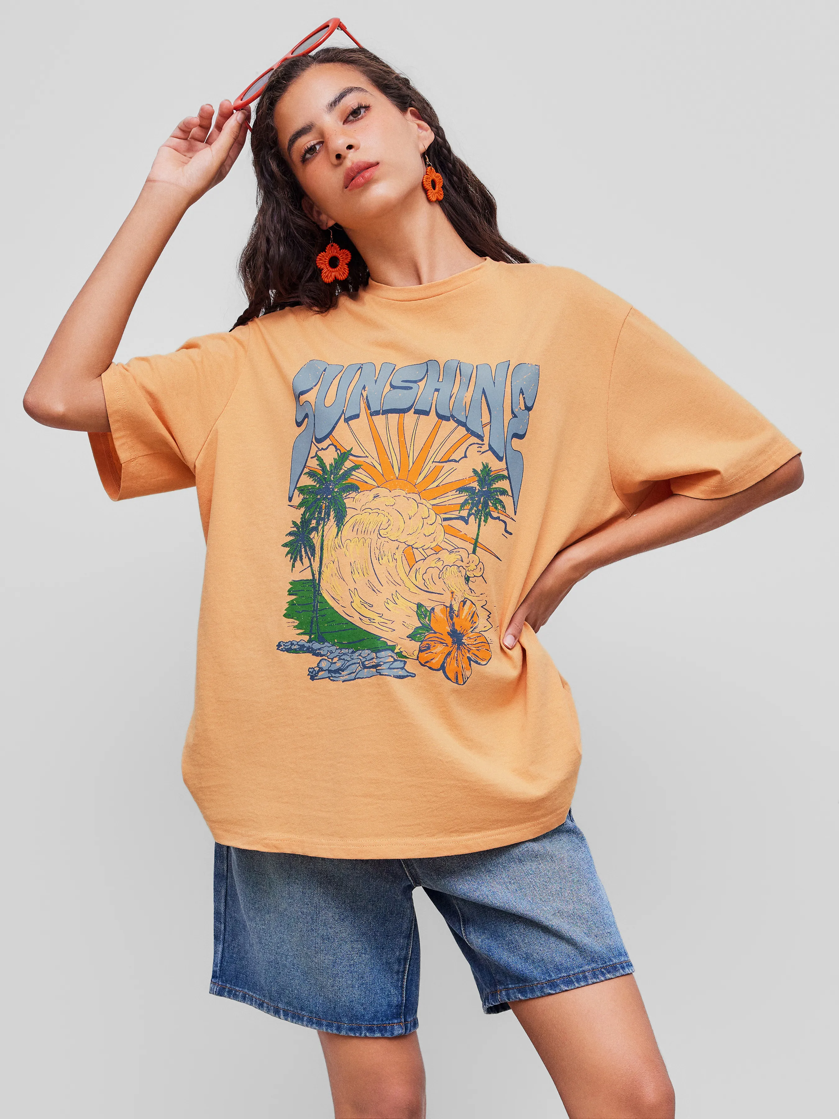  Tee-shirt oversize à manches courtes graphique col rond en coton